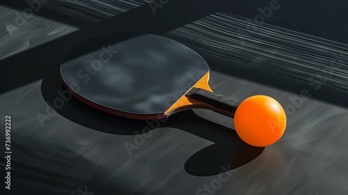 table tennis racket with orange ball on black table. black background. black tones © Zahid
