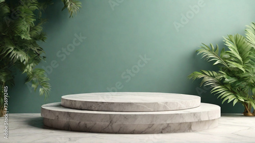 White granite stone pedestal, simple round stand with green tropical plants around. Product presentation concept. 