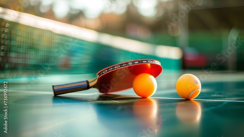 On a blue table are two ping pong or table tennis rackets and balls. photo