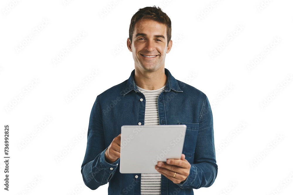 Portrait, tablet and happy man on internet, scroll and social media isolated on a transparent png background. Digital technology, face and smile of person on app, network and typing email on website Portrait, tablet and happy man on internet, scroll and social media isolated on a transparent png background. Digital technology, face and smile of person on app, network and typing email on website