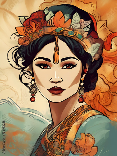 Traditional Beauty. 3D Illustration of a Beautiful Traditional Woman's Face in Art Nouveau Style.