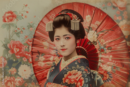 Geisha with umbrella. The vintage style image, with faded colors and a soft, grainy texture. Generative AI image.