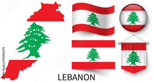 The various patterns of the Lebanon national flags and the map of Lebanon's borders