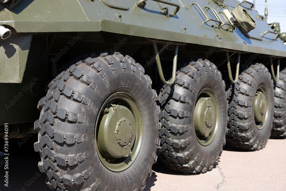 Large wheels, Combat wheeled amphibious armored vehicle, Russian armored personnel carrier. Large wheels, Combat wheeled amphibious armored vehicle, Russian armored personnel carrier.