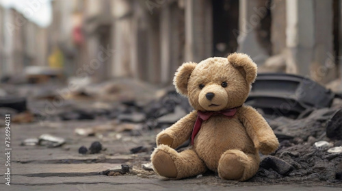Sad abandoned little teddy bear sitting on the ground in the destroyed street after war or earthquake. Human suffering and concept of destroying childhood by war. © triocean