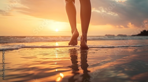 Woman walking on a beach during sunset close-up. Silhouette strolls along golden sands.