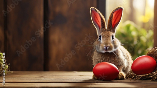 Cute fluffy Easter bunny with easter eggs on the wooden table in a countryside cottage © triocean