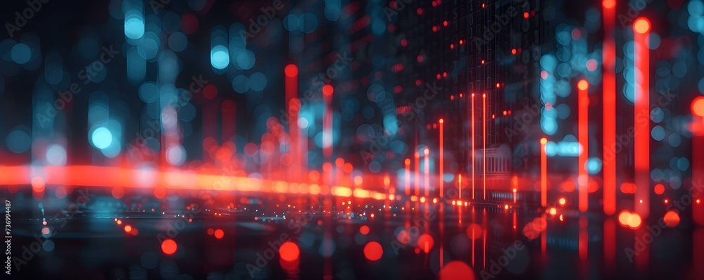 Financial tech symbols on blurred bokeh background with vibrant light streaks. Concept Digital Currency, Blockchain Technology, Fintech Innovation, Online Banking, Cryptocurrency Market