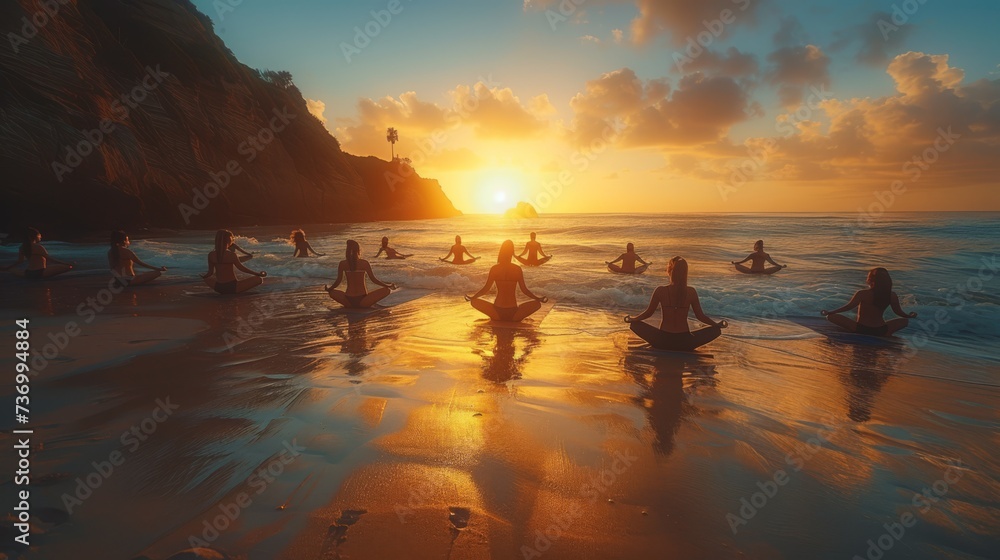 A group of people participate in a peaceful yoga session on a beach, with the setting sun casting a golden light over the scene. A group of people participate in a peaceful yoga session on a beach, with the setting sun casting a golden light over the scene.