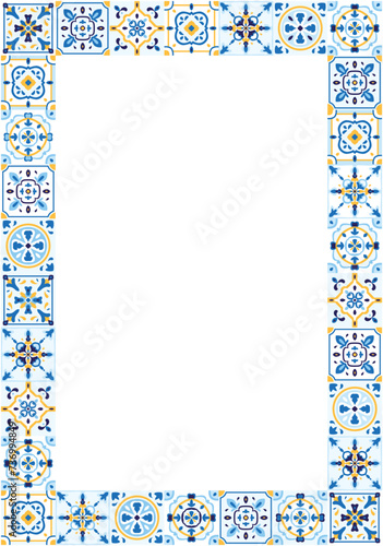 Ceramic tiles frame in blue and yellow colors. Italian majolica patchwork ornaments, Moroccan border, Portuguese azulejos. Template for wedding invitations with copy space. Vector illustration
