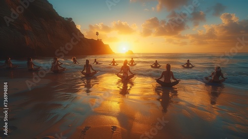 A group of people participate in a peaceful yoga session on a beach, with the setting sun casting a golden light over the scene. © charunwit