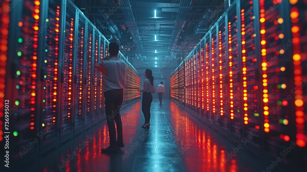 IT professionals are walking through a data center with illuminated server racks, checking systems and discussing infrastructure. IT professionals are walking through a data center with illuminated server racks, checking systems and discussing infrastructure.