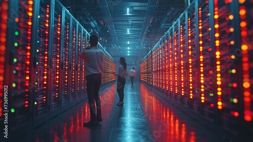 IT professionals are walking through a data center with illuminated server racks, checking systems and discussing infrastructure. © charunwit