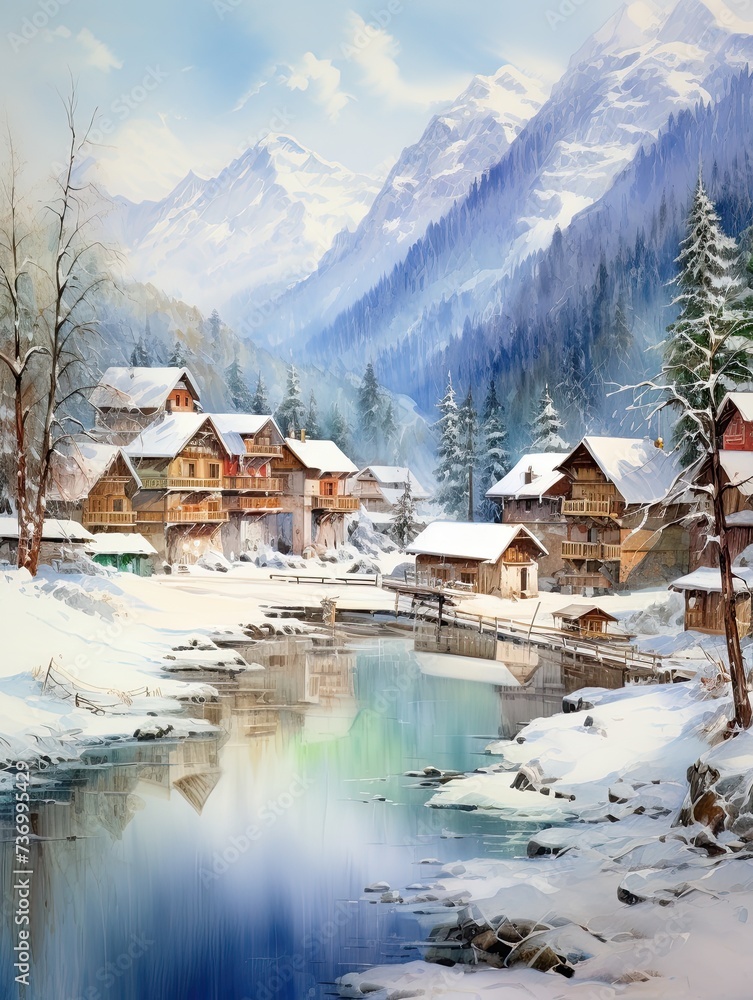 Fototapeta premium Chilly Lakeside Villages: Alpine Winter Beach Scene Painting