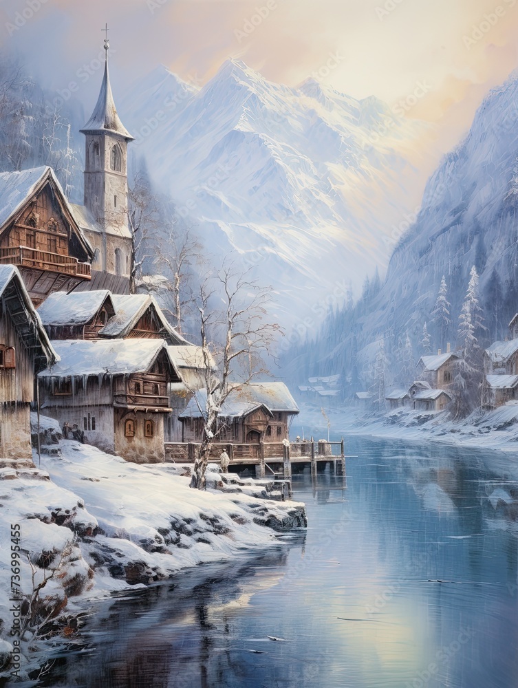 Alpine Villages: Lakeside Frost - Winter Beach Scene Painting