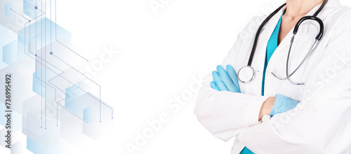 Female doctor in medical clothes with a stethoscope on a medical white background. Side view. Healthcare banner. Copy space.