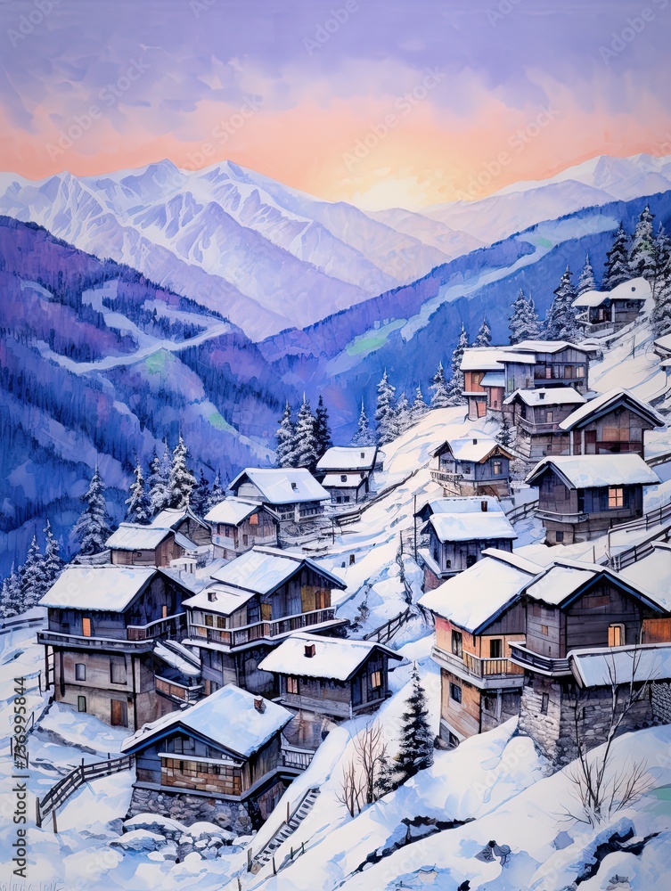 Alpine Winter Bliss: Captivating Country Paintings of Traditional Homes in Snowy Villages