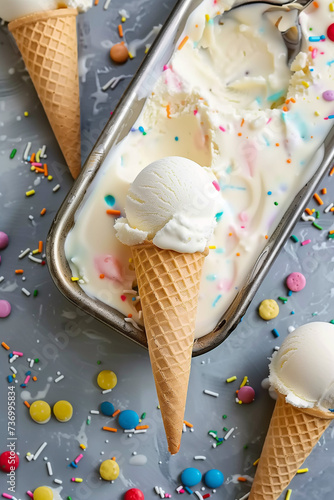 Scoops of Vanilla Birthday Cake Ice Cream with Sprinkles