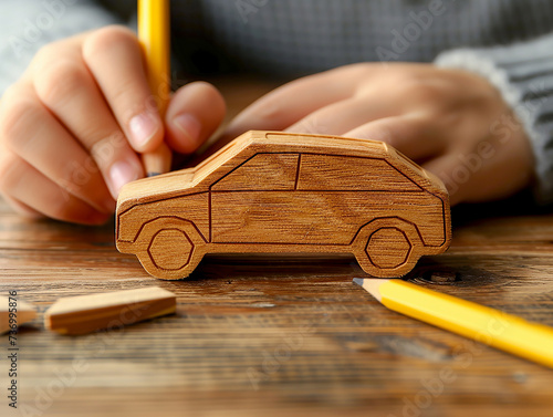 mani che toccano auto fatta di legno, concetto di assicurazione, protezione e cura della macchina  photo