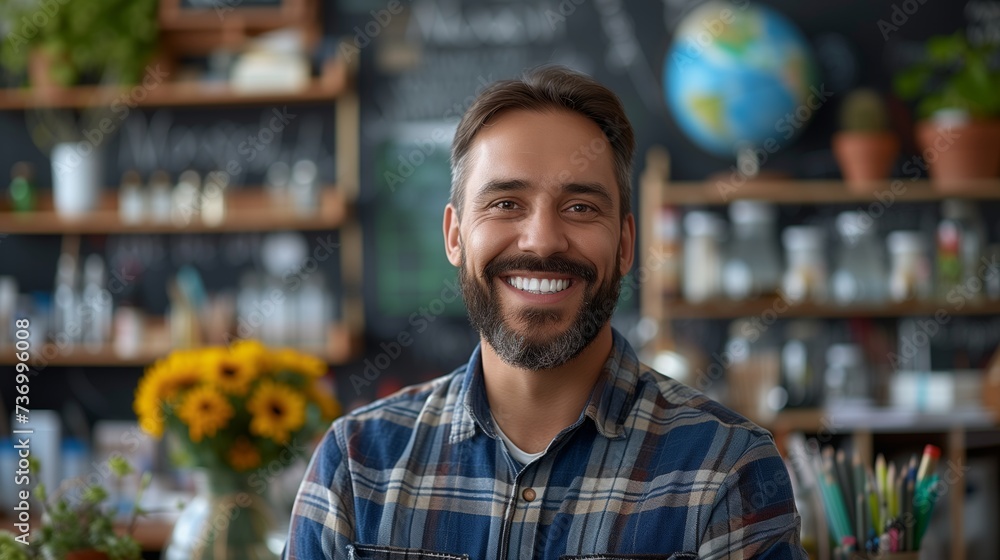 Male teacher on the background of a school board with school supplies. Male teacher on the background of a school board with school supplies.