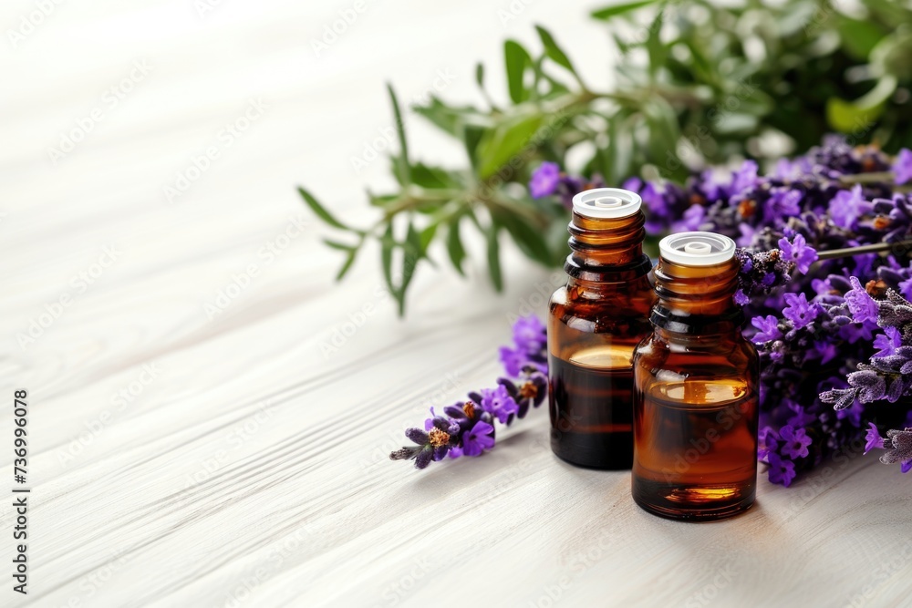 Essential oil bottles and lavender bouquet on wooden background. Essential oil bottles and lavender bouquet on wooden background.