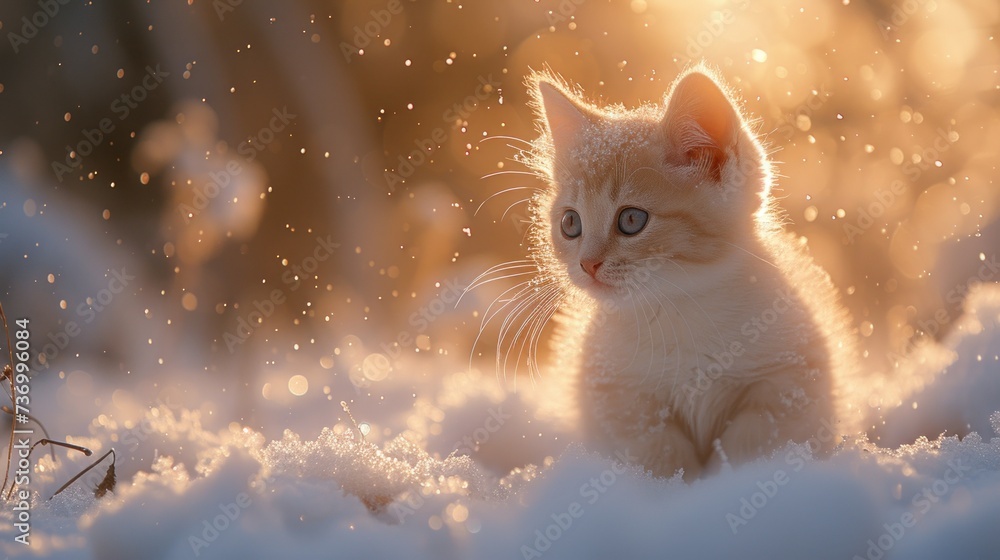 Cute little kitten in the snow at sunset. Beautiful winter scene.