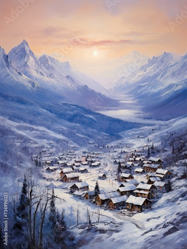 Snow-Covered Alpine Villages at Winter Dawn: Majestic Painting of Sunrise