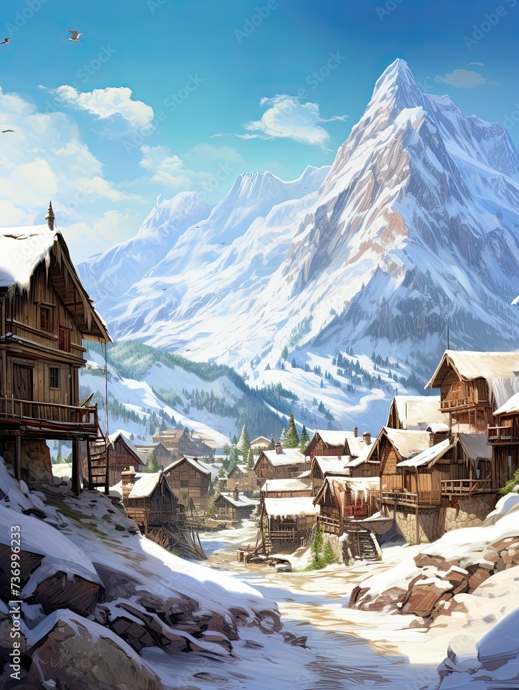 Snowy Alpine Villages: Desert Landscape Contrasts in Winter Wonderland Art