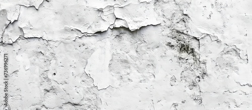 A monochrome photograph showcasing a closeup of a grey concrete wall with peeling paint, creating a unique pattern resembling rock formations