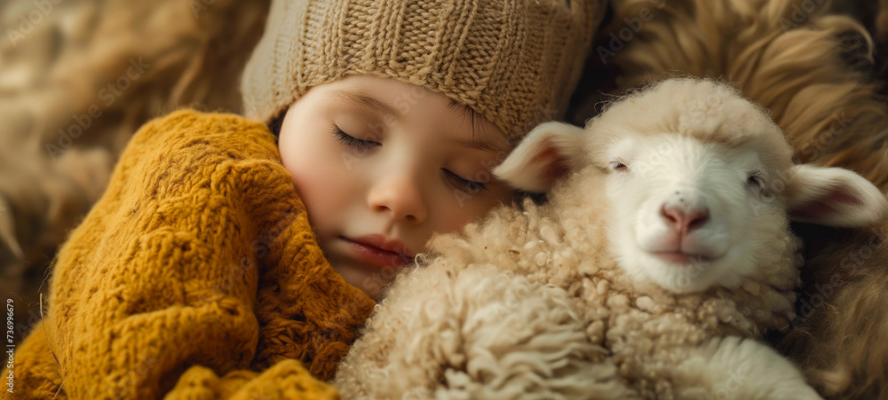 Child in Knit Cap Embracing a Lamb on a Furry Blanket
Child in Knit Cap Embracing a Lamb on a Furry Blanket