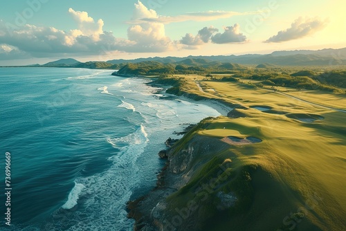 A resort golf course by the ocean, on a beautiful sunny day. A long hole par 5 hole by the sea shore. aerial shot photo