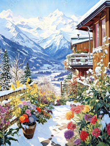 Snow-covered Gardens: Captivating Alpine Villages in Winter Wonderland Art photo