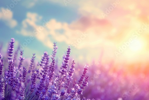 Lavender field with summer blue sky close up France retro toned web bwnner format Lavender