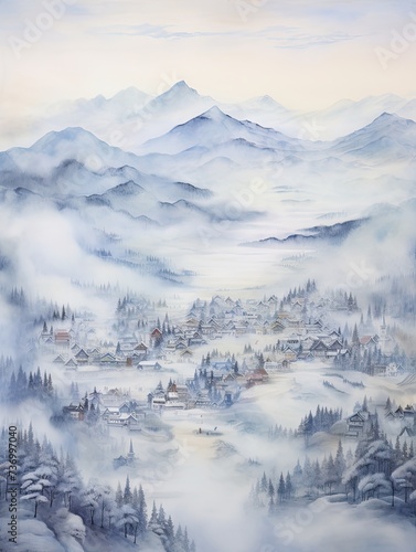 Alpine Villages in Winter Morning Mist: Artistic Depiction of the Fog Over Frozen Land