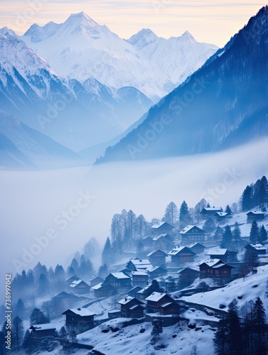 Winter Morning Mist: Enigmatic Alpine Villages Blanketed in Fog