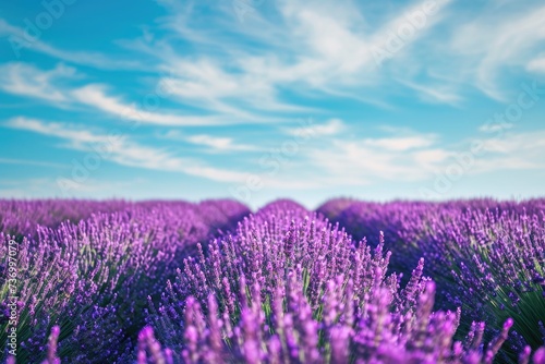 Lavender field with summer blue sky close up  France  retro toned  web bwnner format  Lavender