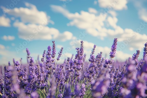 Lavender field with summer blue sky close up France retro toned web bwnner format Lavender