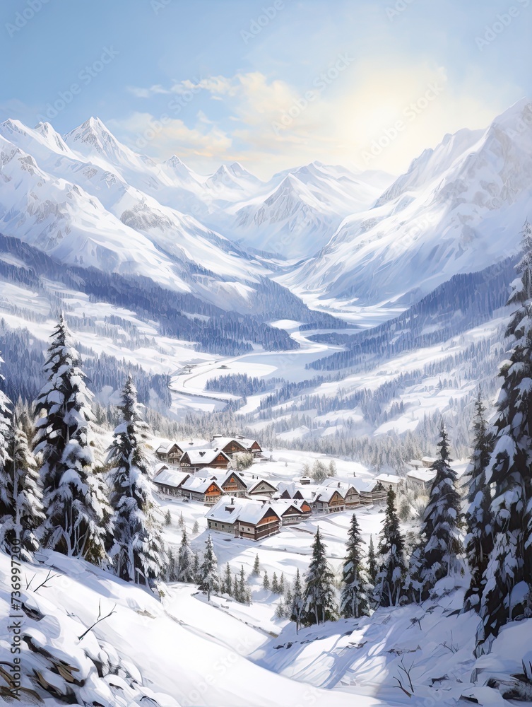 Snow-Covered Nature: Alpine Villages in Winter at National Park Painting