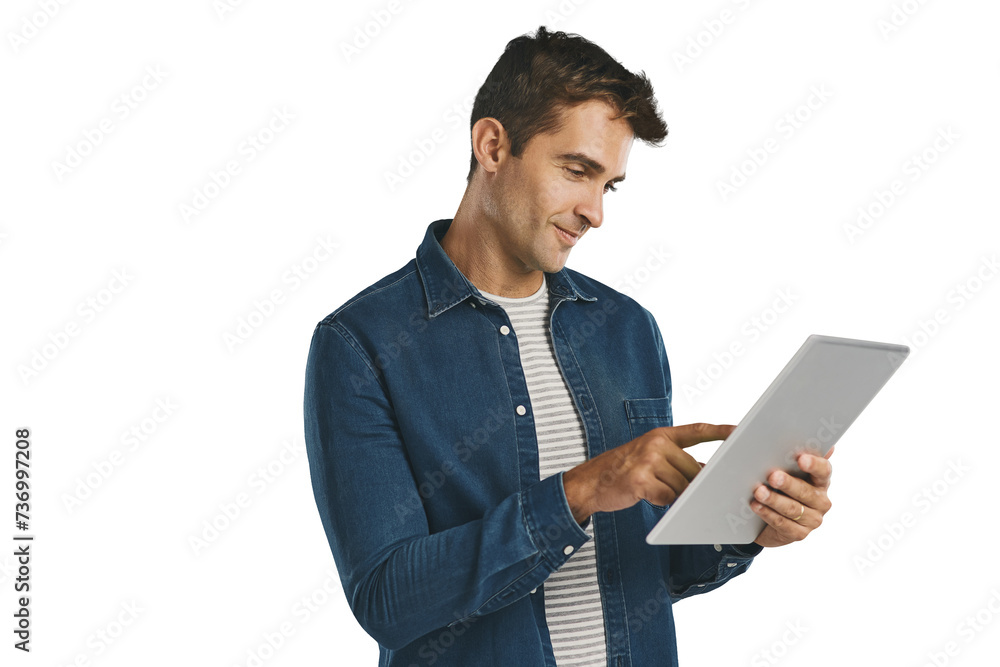 Search, tablet and man on internet, typing and social media isolated on a transparent png background. Technology, scroll and person on app, network and reading email notification online on website Search, tablet and man on internet, typing and social media isolated on a transparent png background. Technology, scroll and person on app, network and reading email notification online on website