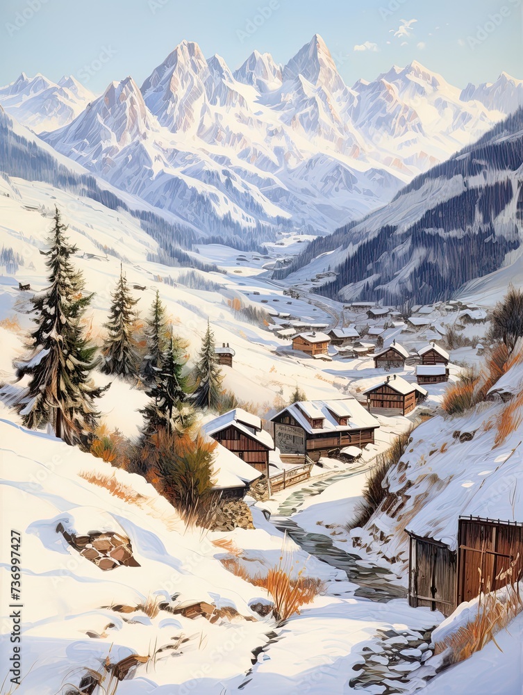 Winter Wonderland: Snow-Covered Alpine Villages in a Stunning National Park Painting