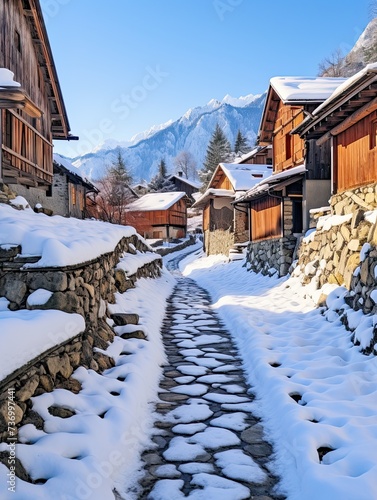 Snow Pathway Through Alpine Villages: Footprints Lead Home