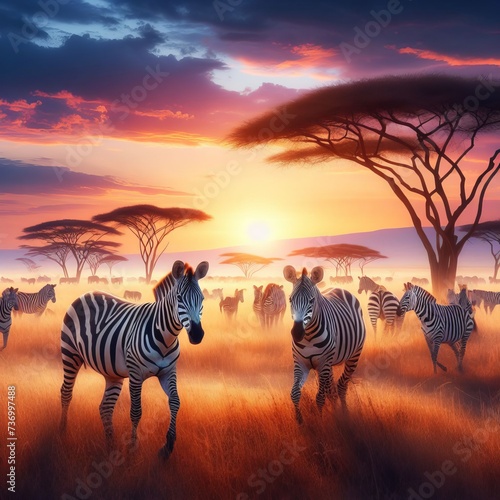Zebras in the African savanna against the backdrop of beautiful sunset. Serengeti National Park.