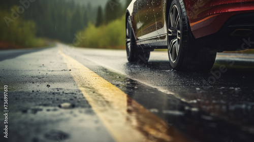 Car tire on a wet road in rainy day, close up view with copy space