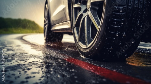 Car tire on a wet road in rainy day, close up view with copy space	 photo