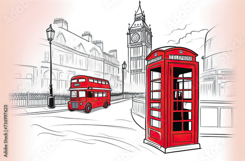 Beautiful watercolor illustration of red London buses in London, UK. Red double decker bus on a white background photo