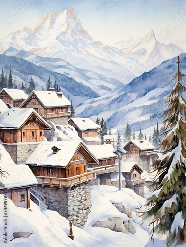 Elevated Snowy Village Views: Alpine Villages in Winter Plateau Art Print