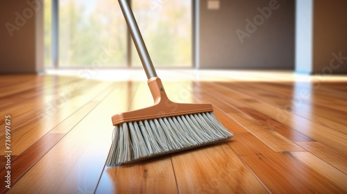 Closeup broom with a handle sweeping the modern apartment parquet floor photo
