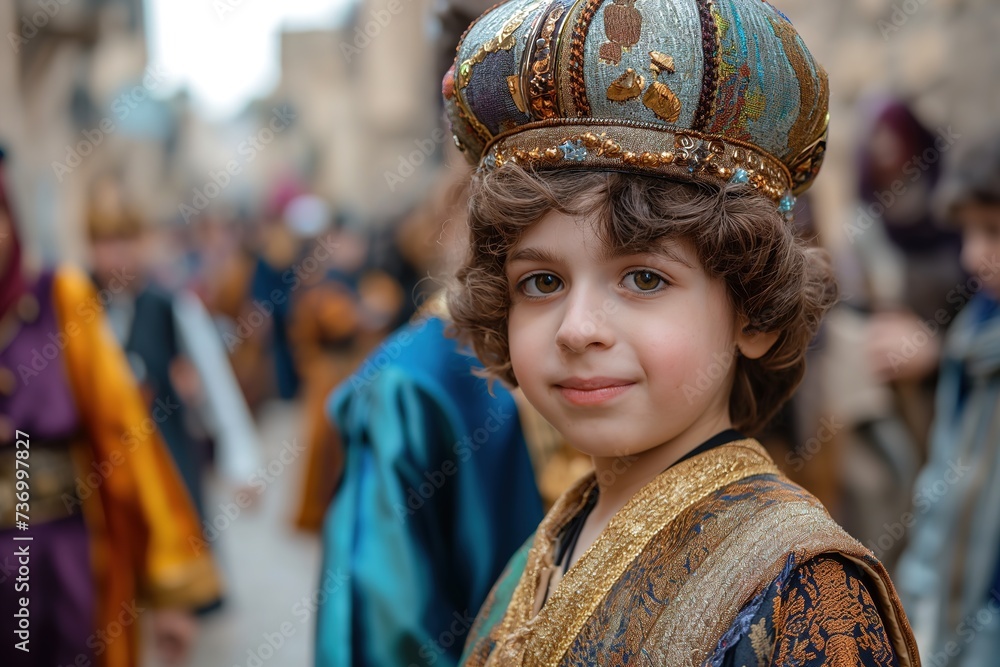A young boy stands out in a crowd of people as he proudly wears a crown during the Purim celebration, a Jewish holiday commemorating a historical event.
