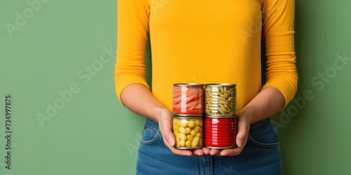 Closeup woman hands holding red metallic package of a canned food on isolated green background with space for copy