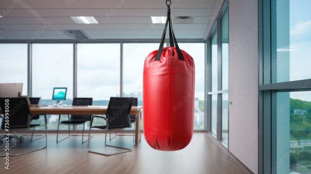 Red box punching bag hanging in a modern office, business leadership and workout concept